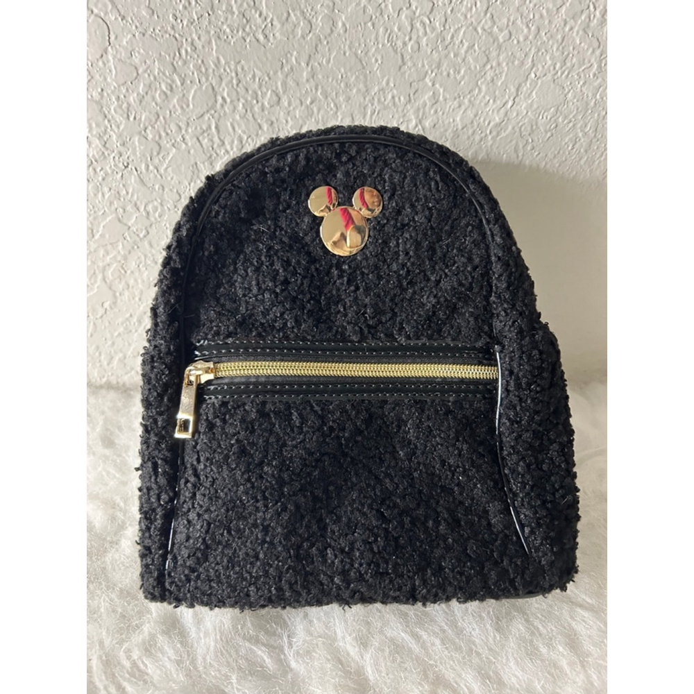 NWOT Disney Mickey Mouse Mini Backpack with Mickie Charm Black Sherpa